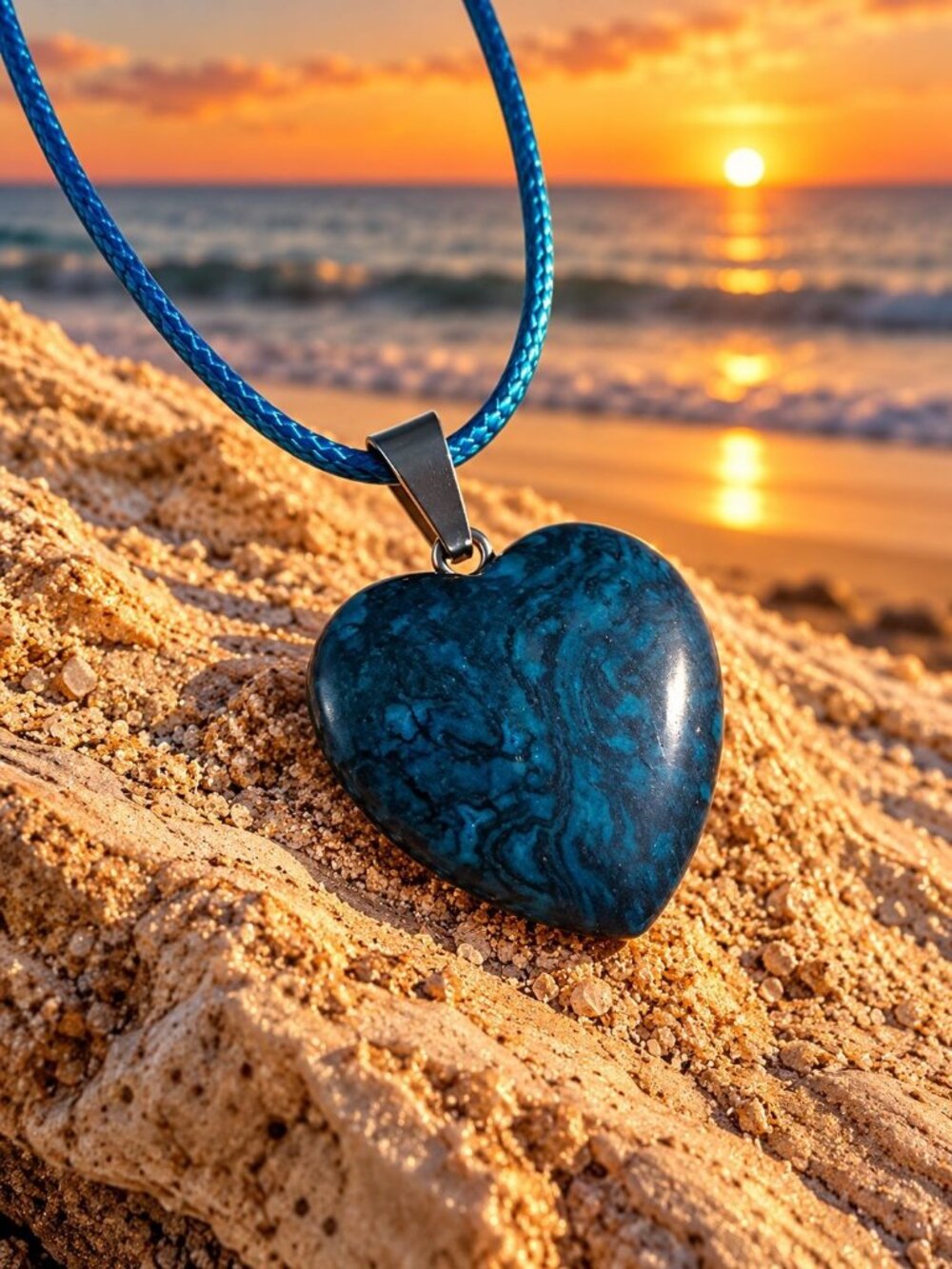 Blue Teal Heart Pendant Necklace Stone Adjustable Healing Nature Beach Core Gift